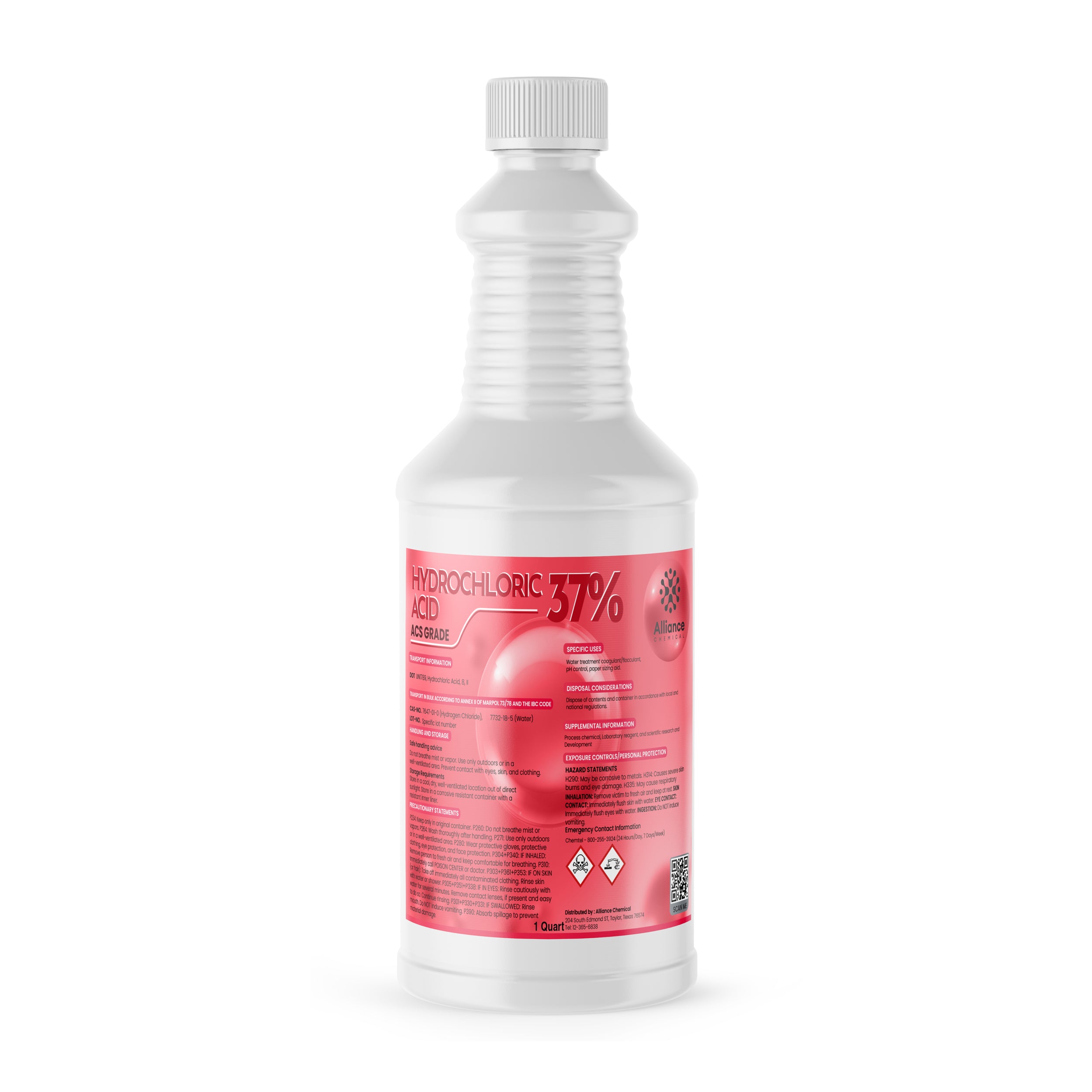 Alliance Chemical hydrochloric acid 37% in white 1-quart HDPE bottle with secure white cap